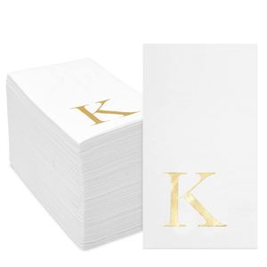 Serviettes jetables 3 plis en papier blanc avec monogramme lettre initiale 'K' en feuille d'or 4x8 pouces, lot de 50, direct usine, pour mariage moderne - Product Image 3