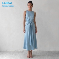 Robe en satin sur mesure pour femmes, sans manches, avec nœud devant, élégante, bleu clair, mi-longue, sexy, pour occasions spéciales, fabricant OEM
