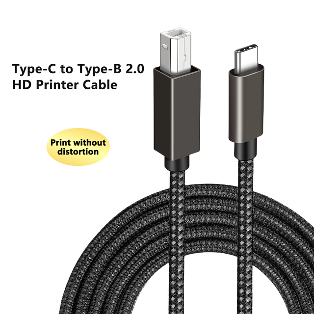 High Speed USB 2.0 Type-C to Type-B Printer Cable with Nylon Braid for Computer Barcode Scanner & Printer