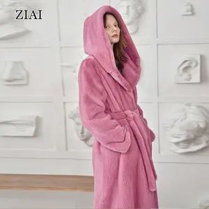 Casaco de vison slim fit com capuz para mulheres, jaqueta de vison inteira importada de veludo com etiqueta roxa, casaco longo de pele de vison