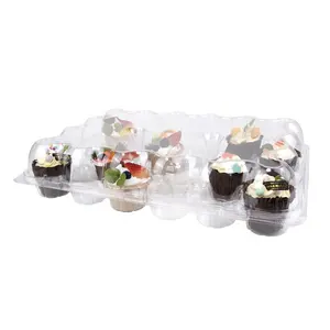 Recipientes de plástico transparentes descartáveis, 24 cavidades cupcake de alta domo empilháveis, caixas de transporte de cupcakes