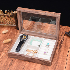 Walnut Wood Jewelry Box Rectangle <b>Storage</b> Display Case For <b>Rings</b> Necklaces Watches Household Use - Product Image 2