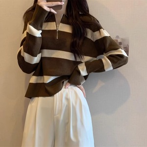 Suéter de Punto a Rayas para Mujer, Manga Larga, Cuello Polo, Cierre de Cremallera, Otoño Invierno, Talla Única, Gris, Albaricoque, Café, Negro - Product Image 5