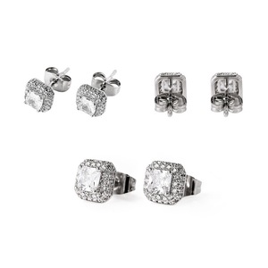 Stud Earrings Cubic Zirconia Square Halo 925 Silver Needle Geometric Design Sugar Cube Style For Men And Women - Product Image 4