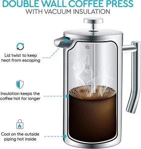 Cafetière à piston isotherme double paroi 1L (34oz) la plus vendue, écologique, en acier inoxydable 304 argenté avec couvercle, OEM/ODM - Product Image 3