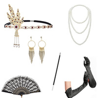 Ensemble d'accessoires de costume Charleston Gatsby pour femme des années 20 : Bandeau en strass, collier de perles, boucles d'oreilles, éventail en dentelle, longs gants