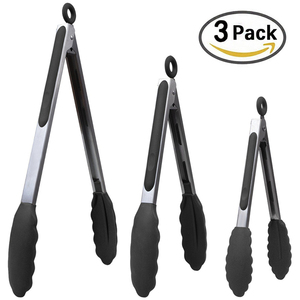 Heat Resistance Non Stick Service <b>Tongs</b> Set of 3 Piece Black Silicone Locking <b>Kitchen</b> Cooking Barbecue Food <b>Tongs</b> - Product Image 2