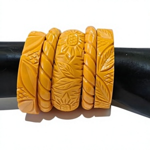 Meilleurs Bracelets Joncs Sculptés en Résine Acrylique Jaune pour Femmes, Motif Végétal Classique Tendance, Ensemble de Bijoux à la Mode - Product Image 2