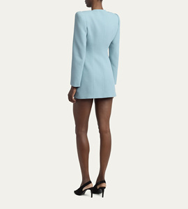 Abito Blazer Blu Chiaro con Dettaglio Fiocco Arricciato, Maniche Lunghe, Vestito Mini Elegante per Donna, Ideale per Feste e Cocktail - Product Image 4