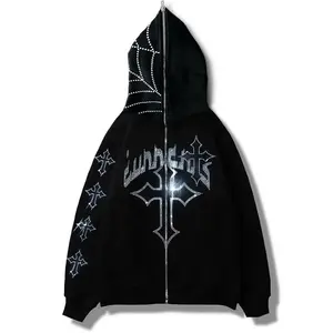 Custom Rhinestone Zip Up Hoodie Long Sleeve Oversized Gothic Hooded Sweatshirt Y2K Zip-Up Hooded Jacket