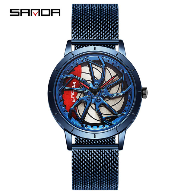 Sanda 1086 Hollowing 3D Car Rim Wheel Design Japanese Quartz Watches Stainless Steel Wrist Watch for Men Sports Watches