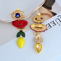 Boucles d'oreilles longues à clip en émail peint, motif citron, yeux et bouche larges, style mode européenne et américaine