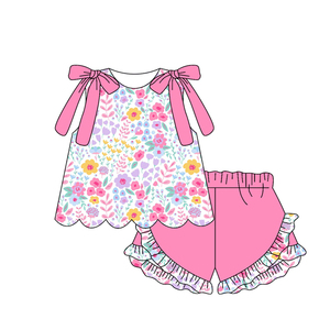GSSO3391 Conjunto de ropa de verano para niña pequeña con estampado de flores rosas, venta al por mayor, conjunto de ropa infantil de manga corta para niña - Product Image 1