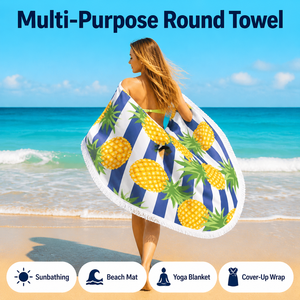 Nuovo Telo Mare Rotondo Grande in Microfibra per l'Estate, Personalizzabile con Stampa Ananas e Nappe - Product Image 1
