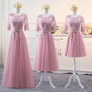 Bridesmaid Dress Pink Lace Tulle Mid Length Sweetheart Neckline Formal Evening Gown For Women - Product Image 1