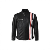 Blouson moto homme en cuir PU noir coupe-vent avec rayures rouges, blanches et bleues, col montant, fermeture éclair, coupe ajustée, service OEM