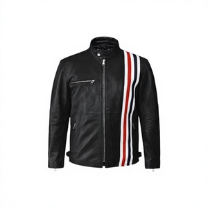 <b>Men's</b> Autumn Black PU Leather Windproof Front Moto <b>Jacket</b> Red <b>White</b> Blue Stripe Stand Collar Zipper Closure Slim Fit Regular - Product Image 1