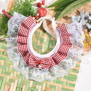 Plaid Lace Trimmed Cat Bib Dog <b>Collar</b> With Pearl Pendant Decorative <b>Pet</b> Accessory All Seasons - Product Image 3