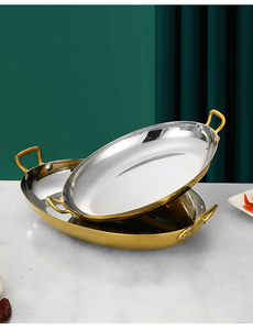 Ensemble de casseroles à <span class=keywords><strong>paella</strong></span> en acier inoxydable à double oreille de 40cm de forme ovale épaisse de 1,8mm dorée pour restaurant d'hôtel de luxe - Product Image 5