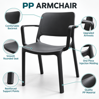 Fauteuil en plastique PP noir, chaise de salle à manger moulée d'une seule pièce avec accoudoirs pour l'extérieur, patio, jardin, café, bistrot, restaurant, mobilier