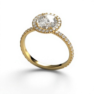 Anillo de Halo con Diamantes Brillantes Redondos, Chapado en Oro de 18K, Anillo de Compromiso Clásico con Halo Circular, Banda Lateral con Diamantes Redondos Pavé, Joyería Fina - Product Image 2