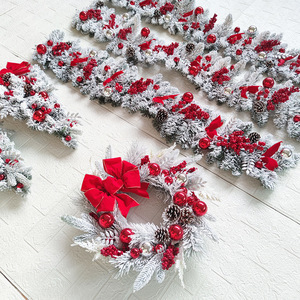 LINGKAI Pre-lit Flocked Christmas Wreath With Red Bow Berries Pine Cones <b>LED</b> <b>Light</b> Front Door Christmas Wall Decor - Product Image 6