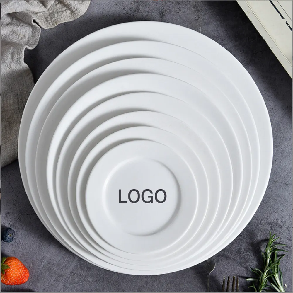 Custom Logo Printed White Porcelain Dinner Plates Round Flat And Dishes Ceramic Plates For Restaurants Cutlery Can Plato