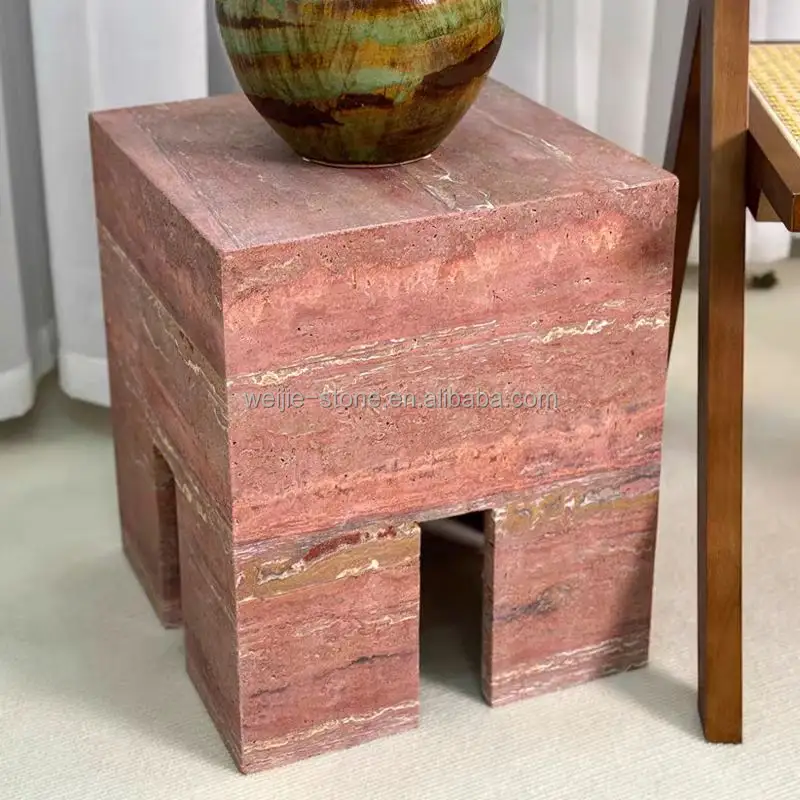 Natural Stone Living Room Side Tables Rustic Antique Square Bed Sofa End Marble red Travertine Side Table