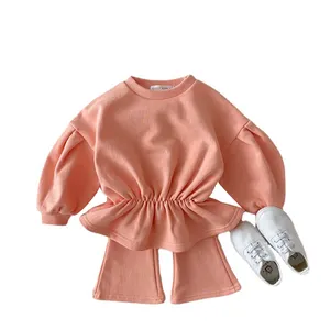 Wholesale girls plain clothing sets lantern sleeve fleece tops fashion outfits little girl waist flared pants two sets