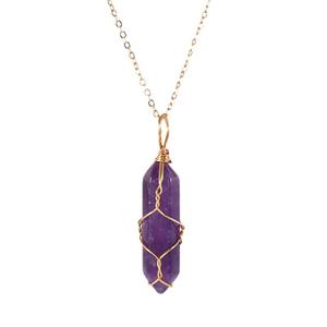 Ramah lingkungan alam Amethyst Pink kristal putih Double Pointed Hexagon liontin dengan Wrb kawat tembaga emas perak kalung peluru - Product Image 5