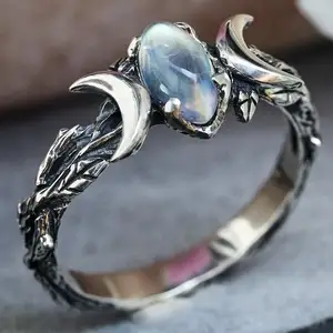 Vintage Oval Moonstone Ring Double Moon Rings for Women Man Zinc Alloy Branch Ring Party Gifts Trendy Promise Jewelry