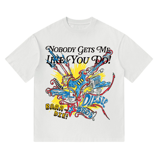 T-shirt Graffiti Guitar Letters Printed Short-sleeved Men's Street Hip-hop Style Loose Versatile Daily Tops