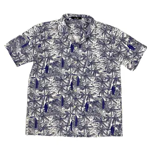 夏のさわやかなスタイルの工場卸売青と白のカラーカジュアルココナッツツリープリントハワイアンシャツ