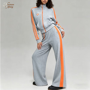 Damen 2-Teiliges Trainingsanzug-Set Reißverschluss-Hochkragen-Langarmshirt & Weite Hose mit Orangen Streifen Zopfmuster Lässige Sportbekleidung - Product Image 1