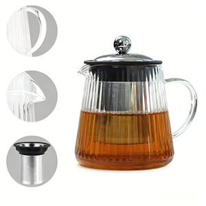 <span class=keywords><strong>Set</strong></span> Teiera in Vetro Borosilicato Emode con Logo Personalizzato, 600ml, Design a Strisce Verticali e Manico Ergonomico - Product Image 1