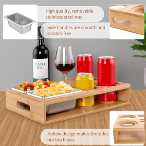 Деревянный диван-бар держатель для вина журнальный столик бамбуковый подлокотник поддон для еды коробка для хранения еды закуски с <span class=keywords><strong>2</strong></span> чашами из нержавеющей стали - Product Image 3