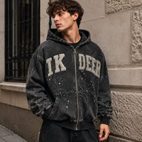 Sweat à capuche zippé personnalisé IKDEER pour homme, veste à capuche oversize vintage délavée avec patch en chenille pour le streetwear