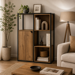 Industrial Oak Wood Display <b>Shelf</b> Cabinet with Metal Frame Open Bookcase and Storage Door for <b>Modern</b> Living Room Furniture - Product Image 1