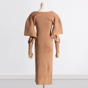 OUDINA Nuovo Stile Abiti Semplici con Scollo a V, Design a Maniche Lunghe Irregolari, Vestito in Maglia con Vita Elasticizzata per Donne - Product Image 5
