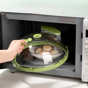 Penutup Microwave Tiktok Hot untuk makanan bening penutup percikan Microwave dengan pegangan dan kotak penyimpanan air 10 inci penutup piring