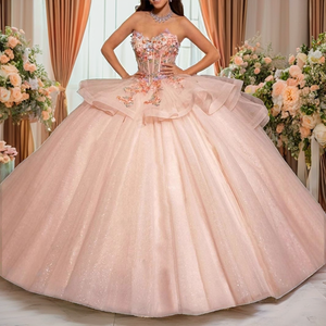 ชุดราตรีงานแต่งงานสีฟ้าอ่อนแบบไร้สายรุ่น D-255 ประดับดอกไม้เบาๆ แบบสามมิติ ผ้าทูลล์พองฟู แต่งลูกไม้ ยาวลากพื้น - Product Image 2