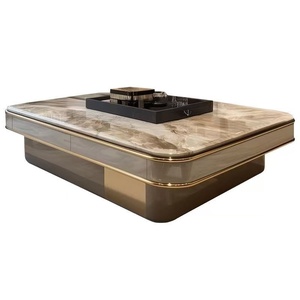 Luxury Square Marble Coffee <b>Table</b> Modern Sintered Stone Center <b>Table</b> with <b>Storage</b> Drawers Gold Metal Trim for Living Room - Product Image 2