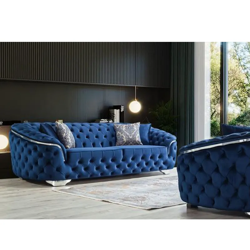 Furnitur klasik Modern mewah nyaman lembut biru dongker kancing beludru berumbai 1 + 2 + 3 Set Sofa kursi Chesterfield
