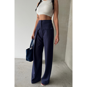 Pantalones de Mujer Azul Marino con Detalle de Solapa de Bolsillo Plisada Ancha, Cierre de Cintura Elástica, Tejido Transpirable, Patrón Formal - Product Image 4