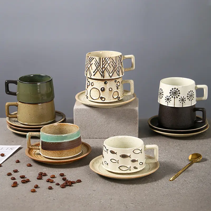 Retro Vintage Ceramic Cups&Saucers Modern Porcelain Latte Fish Stripes Cartoon Coffee Cup Set of 6 Glazed Mug Rustic Pottery