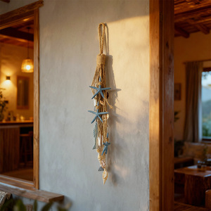 Décoration murale en corde de chanvre à thème océanique avec étoile de mer, coquillages et pompons, pour la décoration de la maison de style côtier, salon, chambre, extérieur - Product Image 1