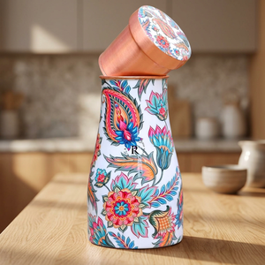 Floral Printed Copper <b>Water</b> <b>Bottle</b> with Kashmiri Paisley Design, Stylish Reusable <b>Metal</b> Drinking <b>Bottle</b> with Lid for Home Office - Product Image 1
