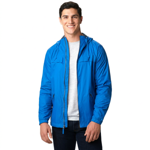 Chaqueta Cortavientos con Capucha y Cremallera de Poliéster Azul, de Alta Calidad, Satén, Talla Grande 4XL, para Hombre, Venta al Por Mayor, Precio Bajo - Product Image 1