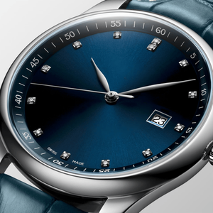 Montre mécanique Longinesing compacte et raffinée avec cadran bleu, index des heures en pierres précieuses, aiguille des secondes, en acier inoxydable - Product Image 3