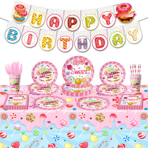 Articles de fête d'anniversaire sur le thème des sucettes HLC : Assiettes roses, serviettes, gobelets, nappes et bannières pour fête d'anniversaire - Product Image 1